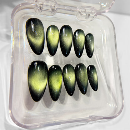 Green Cat Eye Press On Nails - Emerald Reflective Nails - Party Night Out - Handmade Magnetic Nail Set - Custom Size Set - NM233025