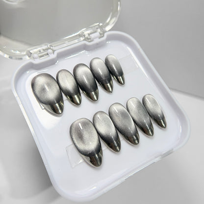 Silver Cat Eye Chrome Tip Press On Nails - Grey Metallic Gradient Nails - Luxury Reusable Gel Press Ons - Handmade Salon Quality Nail Set - Custom Size Set - NM233033