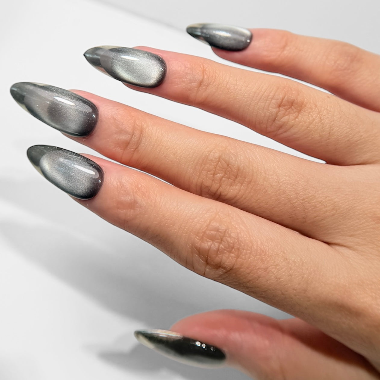 Silver Cat Eye Chrome Tip Press On Nails - Grey Metallic Gradient Nails - Luxury Reusable Gel Press Ons - Handmade Salon Quality Nail Set - Custom Size Set - NM233033