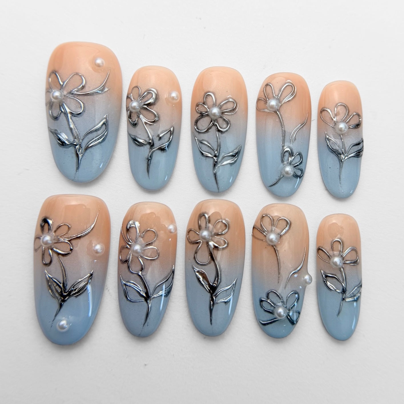 Blue Floral Press On Nails - Baby Blue Ombré Nails with 3D Flowers - Soft Elegant Nails - Korean Style Gel Nails - Custom Size Set - NM233031