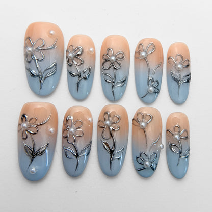 Blue Floral Press On Nails - Baby Blue Ombré Nails with 3D Flowers - Soft Elegant Nails - Korean Style Gel Nails - Custom Size Set - NM233031