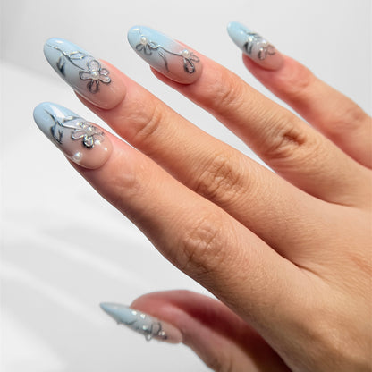 Blue Floral Press On Nails - Baby Blue Ombré Nails with 3D Flowers - Soft Elegant Nails - Korean Style Gel Nails - Custom Size Set - NM233031