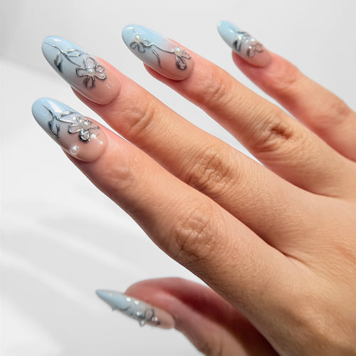 Blue Floral Press On Nails - Baby Blue Ombré Nails with 3D Flowers - Soft Elegant Nails - Korean Style Gel Nails - Custom Size Set - NM233031