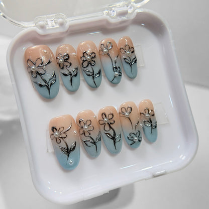 Blue Floral Press On Nails - Baby Blue Ombré Nails with 3D Flowers - Soft Elegant Nails - Korean Style Gel Nails - Custom Size Set - NM233031