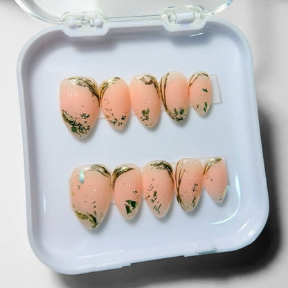 Blush Pink Press On Nails with Gold Foil - Nude Marble Glossy Nails - Elegant Wedding Press On Set - Custom Size Set - NM233032