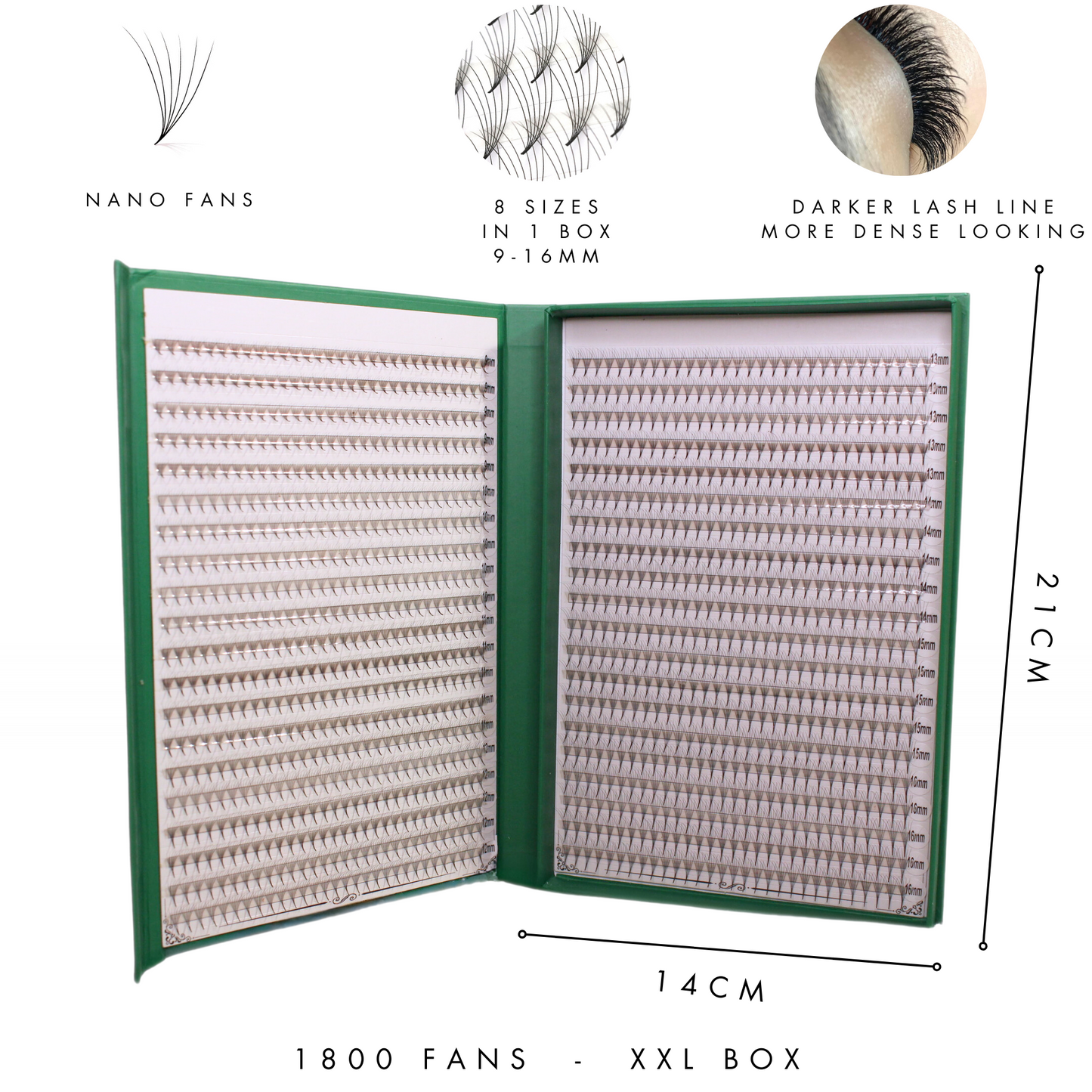 XXL Box | 1800 Fans | Nano Fans | 5D volume | 40 Lines| 8 sizes in 1 |  Premade Volume Fans