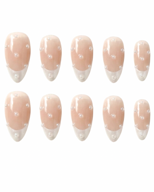 White Pearl French Tip Press On Nails, Elegant Iridescent Bridal Nails, 3D Pearl Fake Nails, Luxury Reusable Nails, Pinneacle Beauty - PN251291