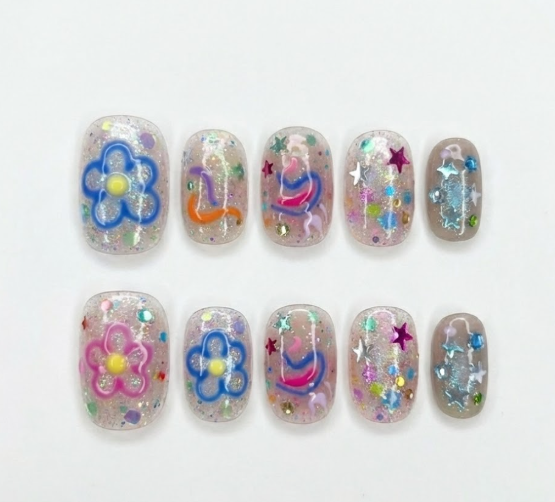 Y2K Glitter Confetti Press On Nails - Hand Painted Flower Doodle -Abstract Swirls - Harajuku Decora Funky Gel - Custom Size Set - PN251178