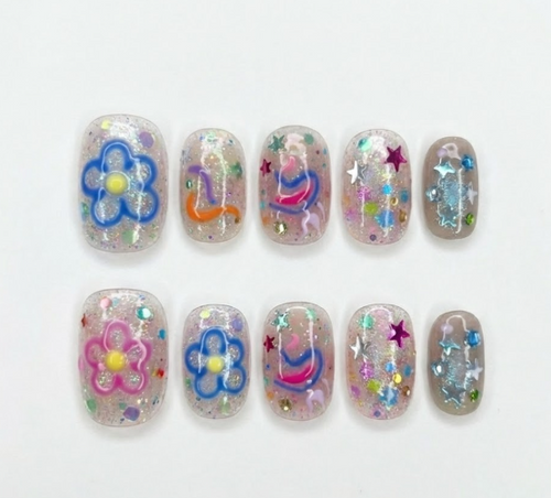 Y2K Glitter Confetti Press On Nails - Hand Painted Flower Doodle -Abstract Swirls - Harajuku Decora Funky Gel - Custom Size Set - PN251178