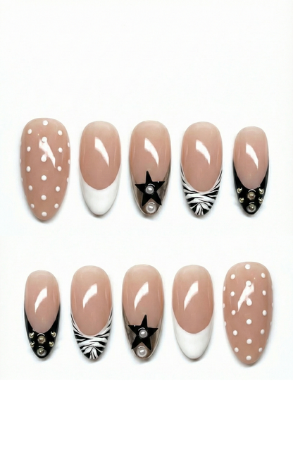 Mix and Match Press On Nails - Black Star & Zebra Print - Old Money Jewelry - White French Tip - Bridal Wedding - Custom Size Set - PN251197