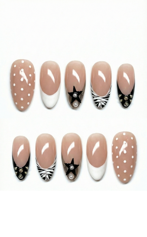 Mix and Match Press On Nails - Black Star & Zebra Print - Old Money Jewelry - White French Tip - Bridal Wedding - Custom Size Set - PN251197