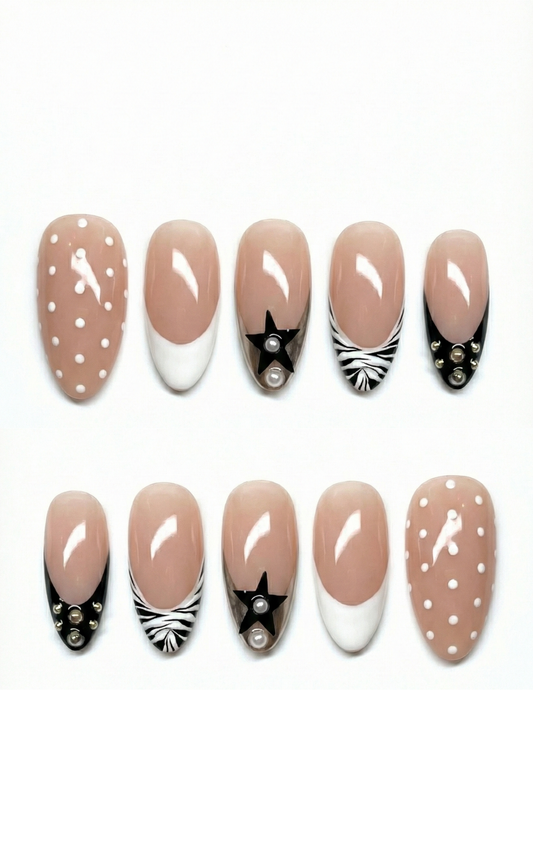 Mix and Match Press On Nails - Black Star & Zebra Print - Old Money Jewelry - White French Tip - Bridal Wedding - Custom Size Set - PN251197