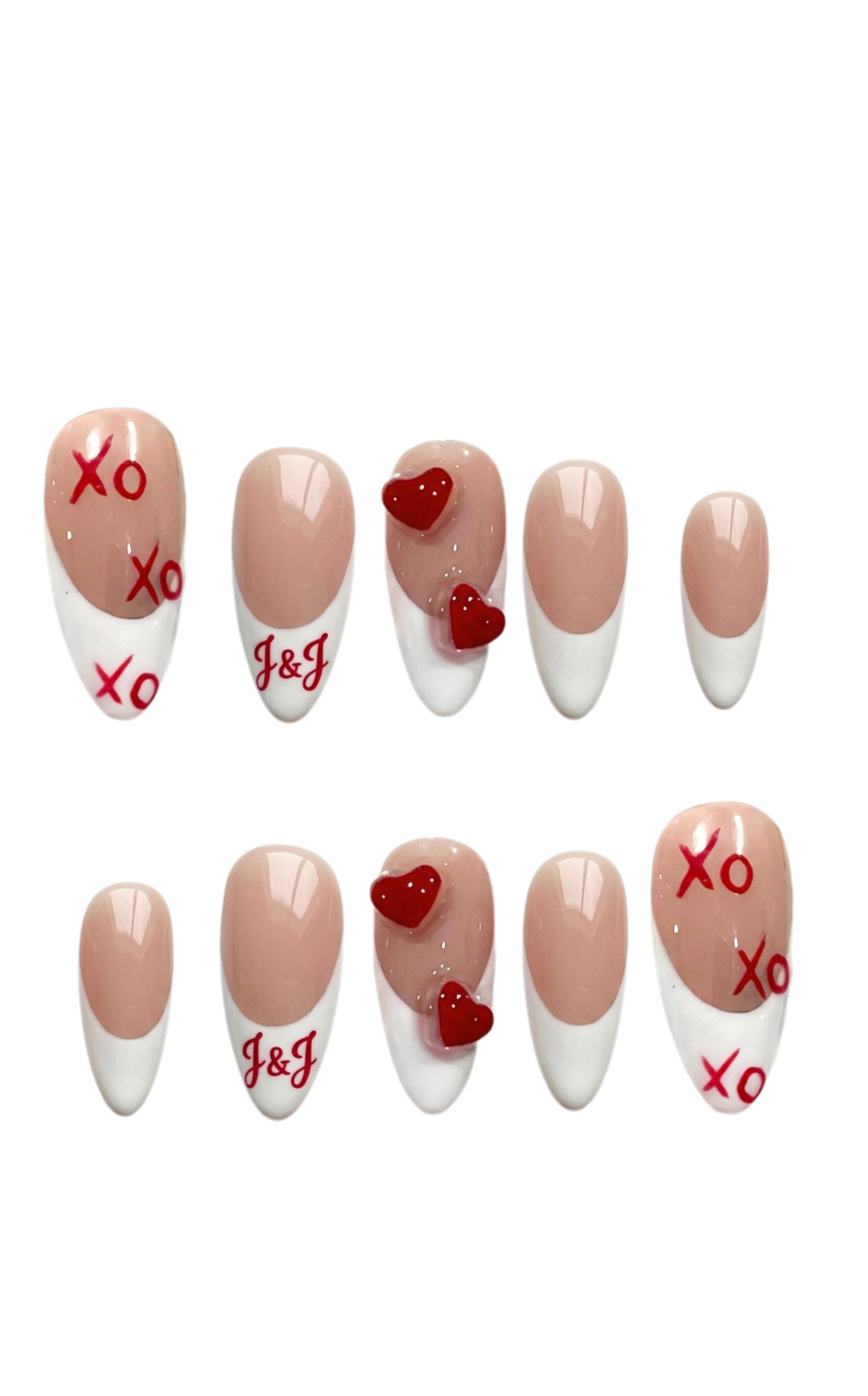 White French Tip Nails, Custom Initials, Red XOXO Art, 3D Heart Charm, Almond Shape, Cute Valentine Gift, Romantic Date Night, Gel Press On - PN251271