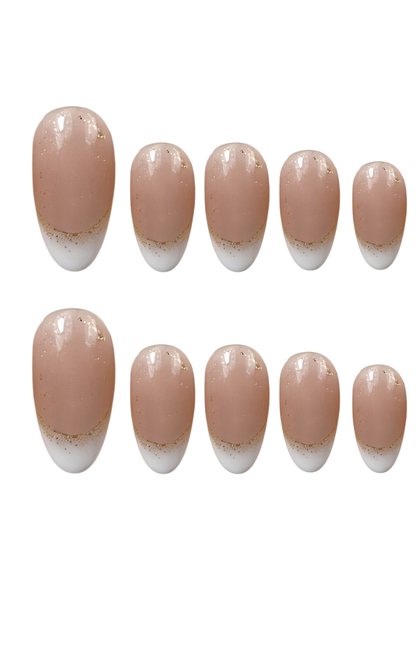 Gold Leaf White French Tip Press On Nails, Elegant Nude Almond Nails, Classy Gold Glitter Fake Nails, Reusable Luxury Glue Ons, Rich Wife - PN251298