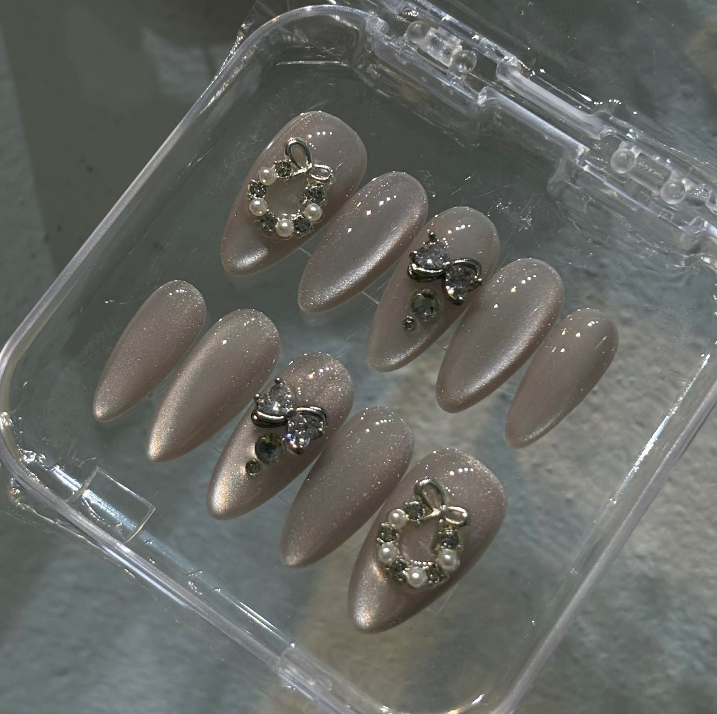 Pink Cat Eye Press On Nails Holiday Theme With Charms - Handmade Soft Gel Nails - Engagement Brial Wedding - Custom Size Set - PN251103