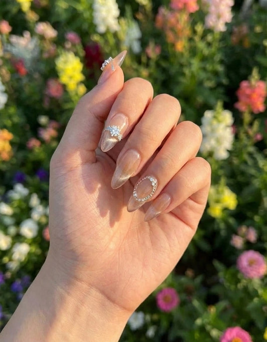 Champagne Gold Textured Press On Nails - 3D Sculpted Gold Nails with Crystals - Luxury Gel Nails - Bridal Nude Nails - Custom Size Set - PN251123