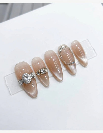 Champagne Gold Textured Press On Nails - 3D Sculpted Gold Nails with Crystals - Luxury Gel Nails - Bridal Nude Nails - Custom Size Set - PN251123