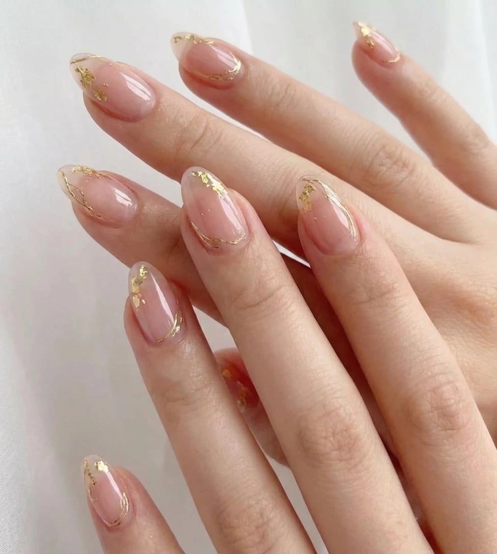 Blush Pink Press On Nails with Gold Foil - Nude Marble Glossy Nails - Elegant Wedding Press On Set - Custom Size Set - NM233032
