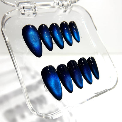 Blue Cat Eye Press On Nails - Midnight Navy Nails - Glossy Dark Blue - Clean Girl Old Money Nails - Party Night Out - Handmade Magnetic Nail Set - Custom Size Set - PN251128