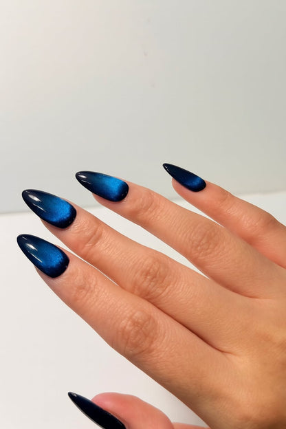 Blue Cat Eye Press On Nails - Midnight Navy Nails - Glossy Dark Blue - Clean Girl Old Money Nails - Party Night Out - Handmade Magnetic Nail Set - Custom Size Set - PN251128