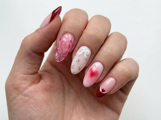 Valentine Mix & Match Press On Nails - Coquette Bow Ribbon - 3D Heart Swirl - Pink Aura Blush - Custom Size Set - PN251230