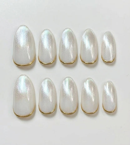 Pearl White Glazed Press On Nails - Gold Chrome Micro French Tip - Minimalist Clean Girl Wedding, Classic Brial  - Custom Size Set - PN251130