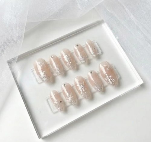 Sheer Nude Floral Press On Nails - Soft Bridal Press On Nails - Clear Pink Nails with White Flower Design - Custom Size Set - PN251152