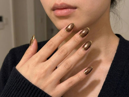 Bronze Velvet Cat Eye Press On Nails -Gold Chrome Micro French Tip - Old Money Aesthetic -Espresso Brown Magnetic - Custom Size Set - PN251163
