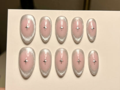 Pink Blush Cat Eye Press On Nails - Silver Velvet Halo Outline - Y2K Star Art - Korean Soft Girl - Cool Girl - Custom Size Set - PN251124