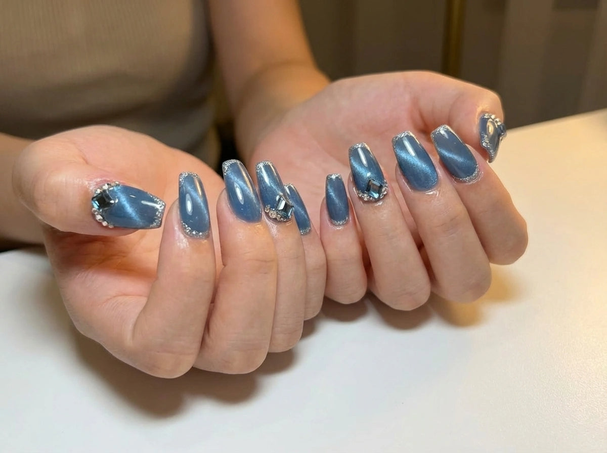 Blue Cat Eye Press On Nails - Midnight Galaxy Magnetic Gel - Silver Glitter Outline - Luxury Crystal Gem - Dark Denim Velvet - Custom Size Set - PN251148