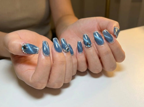 Blue Cat Eye Press On Nails - Midnight Galaxy Magnetic Gel - Silver Glitter Outline - Luxury Crystal Gem - Dark Denim Velvet - Custom Size Set - PN251148
