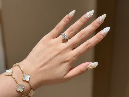 White Pearl Chrome Press On Nails - Bridal Wedding - Gold Flower Charm - 3D Seashell Art - Luxury Baroque Gel - Custom Size Set - PN251217