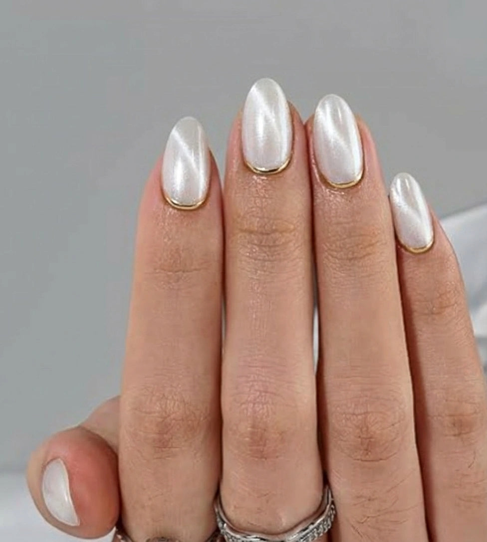 Pearl White Glazed Press On Nails - Gold Chrome Micro French Tip - Minimalist Clean Girl Wedding, Classic Brial  - Custom Size Set - PN251130