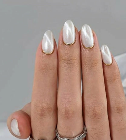 Pearl White Glazed Press On Nails - Gold Chrome Micro French Tip - Minimalist Clean Girl Wedding, Classic Brial  - Custom Size Set - PN251130