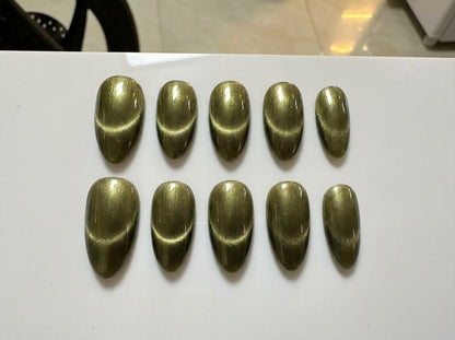 Dark Olive Green Cat Eye Press On Nails - Khaki Velvet Magnetic - Grunge Goblincore Fall Gel - Deep Forest Art - Custom Size Set - PN251210