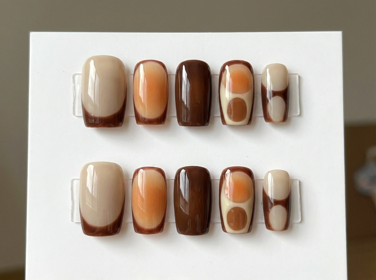 Brown Retro Aura Press On Nails - Coffee Latte Art - 70s Geometric Mod - Chocolate Valentine - Warm Neutral - Custom Size Set - PN251235