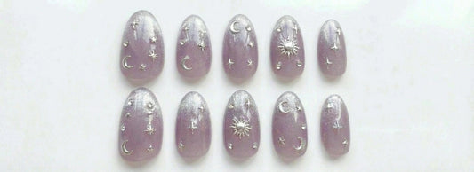 Lavender Celestial Press On Nails - Purple Jelly Glitter - Silver Moon & Star Charm - Witchy Nails - Custom Size Set - PN251160
