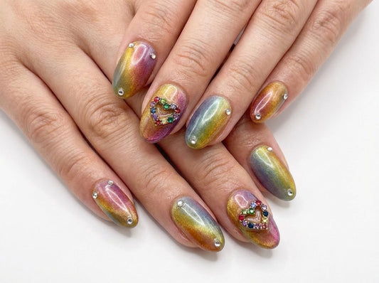 Rainbow Aura Press On Nails, Colorful Jewel Heart Fake Nails, Multi Chrome Gradient Nails, Luxury Reusable Gel Nails, Pinneacle Beauty - PN251290