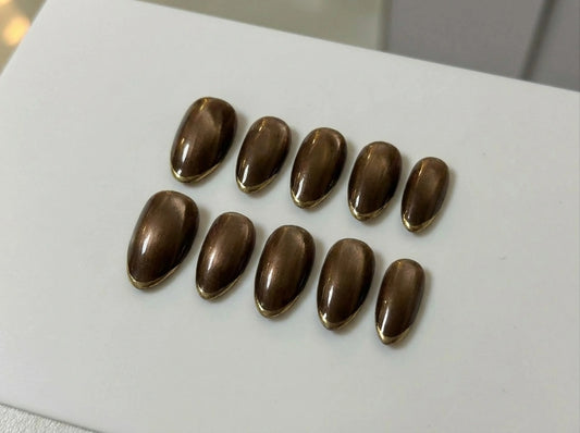 Bronze Velvet Cat Eye Press On Nails -Gold Chrome Micro French Tip - Old Money Aesthetic -Espresso Brown Magnetic - Custom Size Set - PN251163