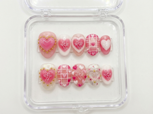 Pink Cupid Nails, 3D Jelly Heart, Angel Art, Plaid Gingham, Aura Blush, Short Almond, Kawaii Press On, Soft Girl Valentine, Custom Size Set - PN251272