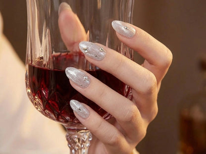 White Velvet Cat Eye Press On Nails - Silver Chrome Vertical Line - 3D Rhinestone Gem - Winter Snow Angel Manicure - Custom Size Set - PN251161