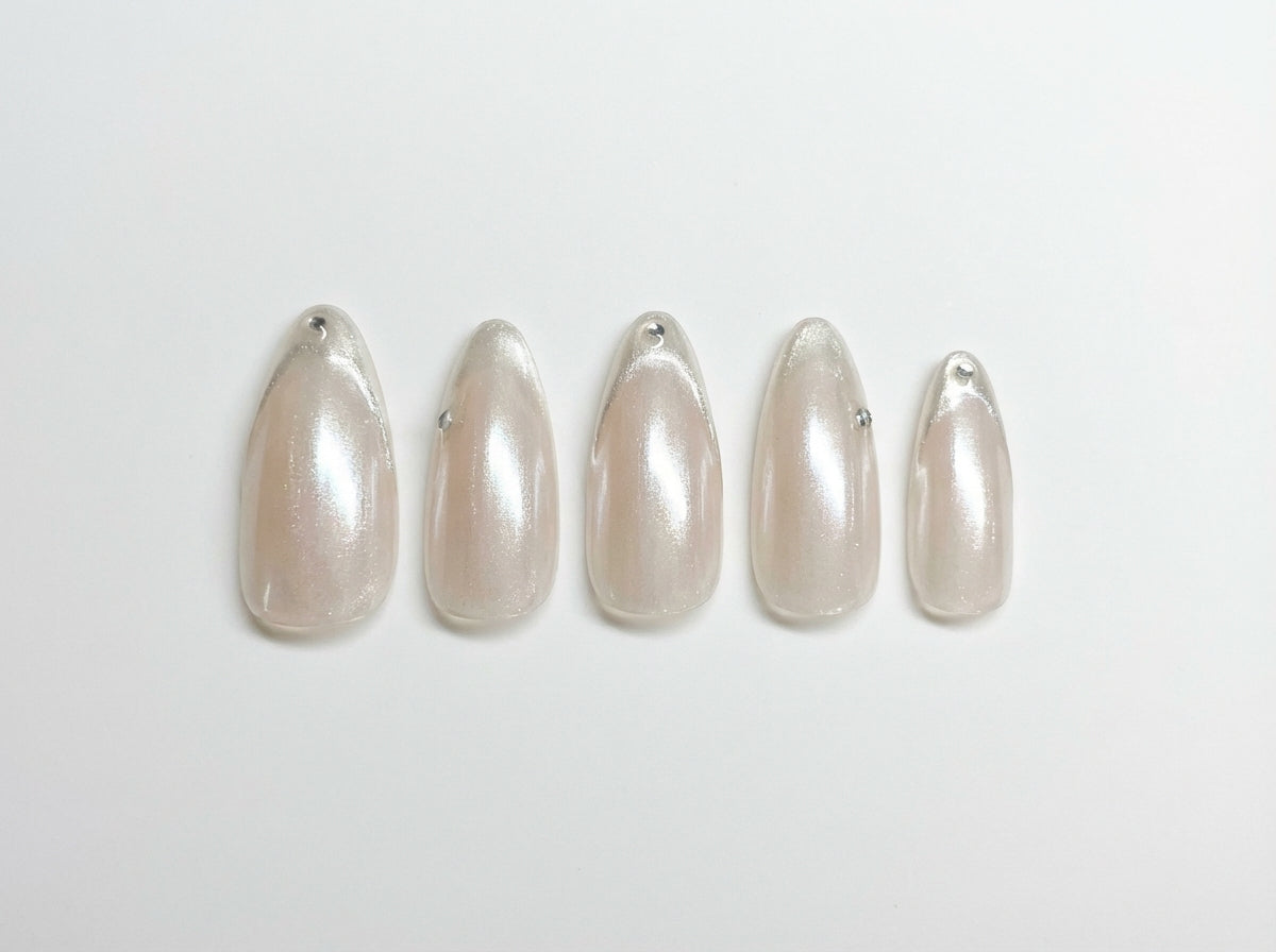 Glazed Pearl White Chrome Press On Nails - Luxury Glue On Nails - Ethereal Bridal Nail Art with Silver Gems - Custom Size Set - PN251151