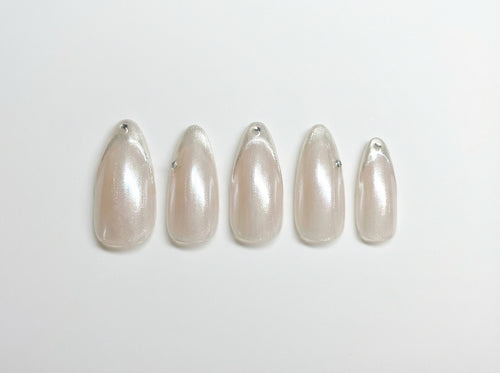 Glazed Pearl White Chrome Press On Nails - Luxury Glue On Nails - Ethereal Bridal Nail Art with Silver Gems - Custom Size Set - PN251151