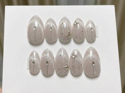 White Velvet Cat Eye Press On Nails - Silver Chrome Vertical Line - 3D Rhinestone Gem - Winter Snow Angel Manicure - Custom Size Set - PN251161