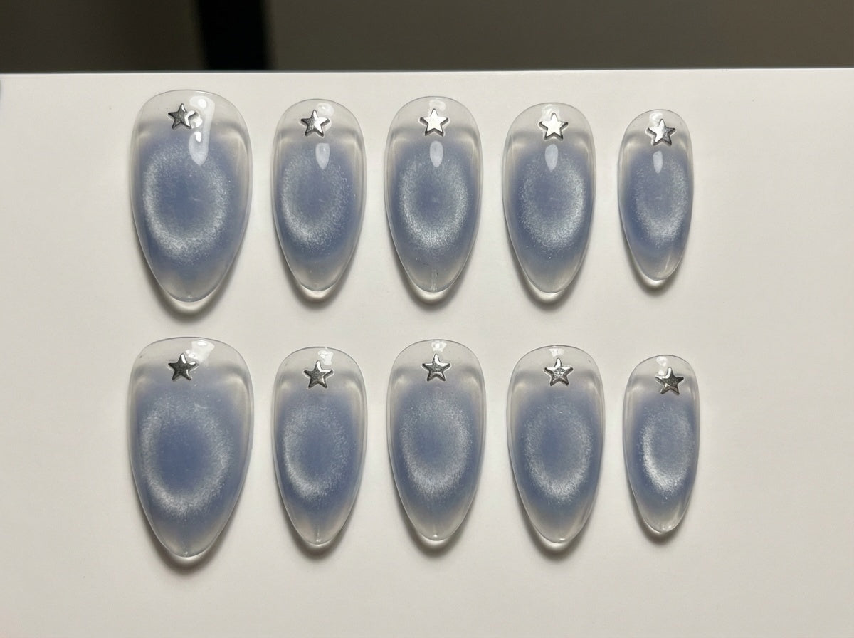 Blue Aura Cat Eye Press On Nails - Silver Star Charm - Jelly Velvet Magnetic Halo - Y2K Cyber Korean - Custom Size Set - PN251162