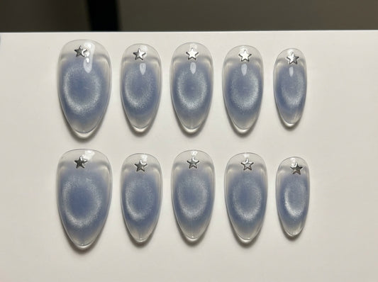 Blue Aura Cat Eye Press On Nails - Silver Star Charm - Jelly Velvet Magnetic Halo - Y2K Cyber Korean - Custom Size Set - PN251162