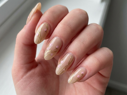 Milk Bath Floral Press On Nails - Minimalist Gold Line Art - Creamy White Spring Flower - Wedding Bridesmaid - Custom Size Set - PN251229