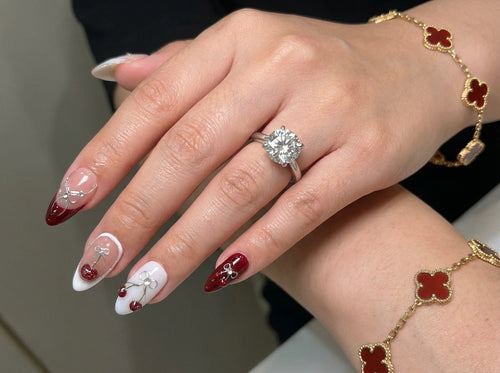 Coquette Cherry Bow Press On Nails - Glitter Red French Tip - Silver Ribbon Charm - White Valentine Fruit Art - Custom Size Set - PN251231