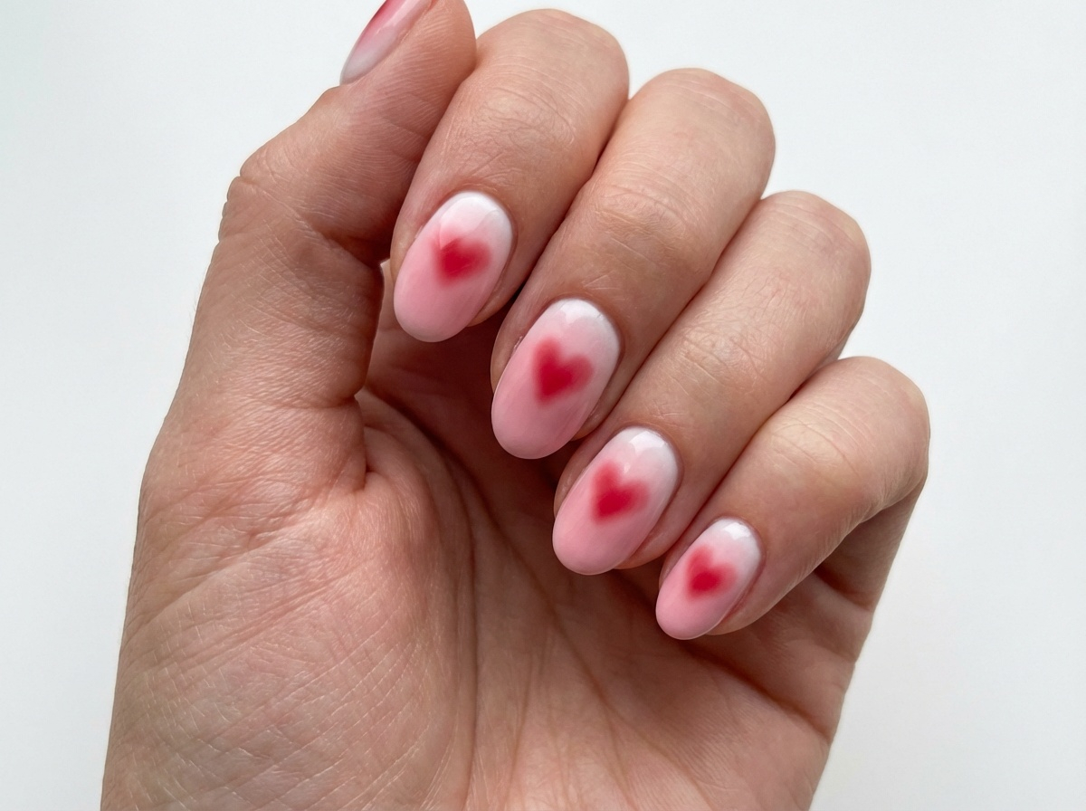 Red Heart Aura Press On Nails - Valentine Art - Milky White Blush Gradient - Korean Cheek Art - Coquette Lovecore - Custom Size Set - PN251215