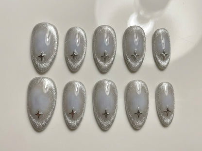 Silver Cat Eye Aura Press On Nails - Icy Blue Grey Velvet - Chrome Star Charm - Winter Fairycore Gel - Custom Size Set - PN251205